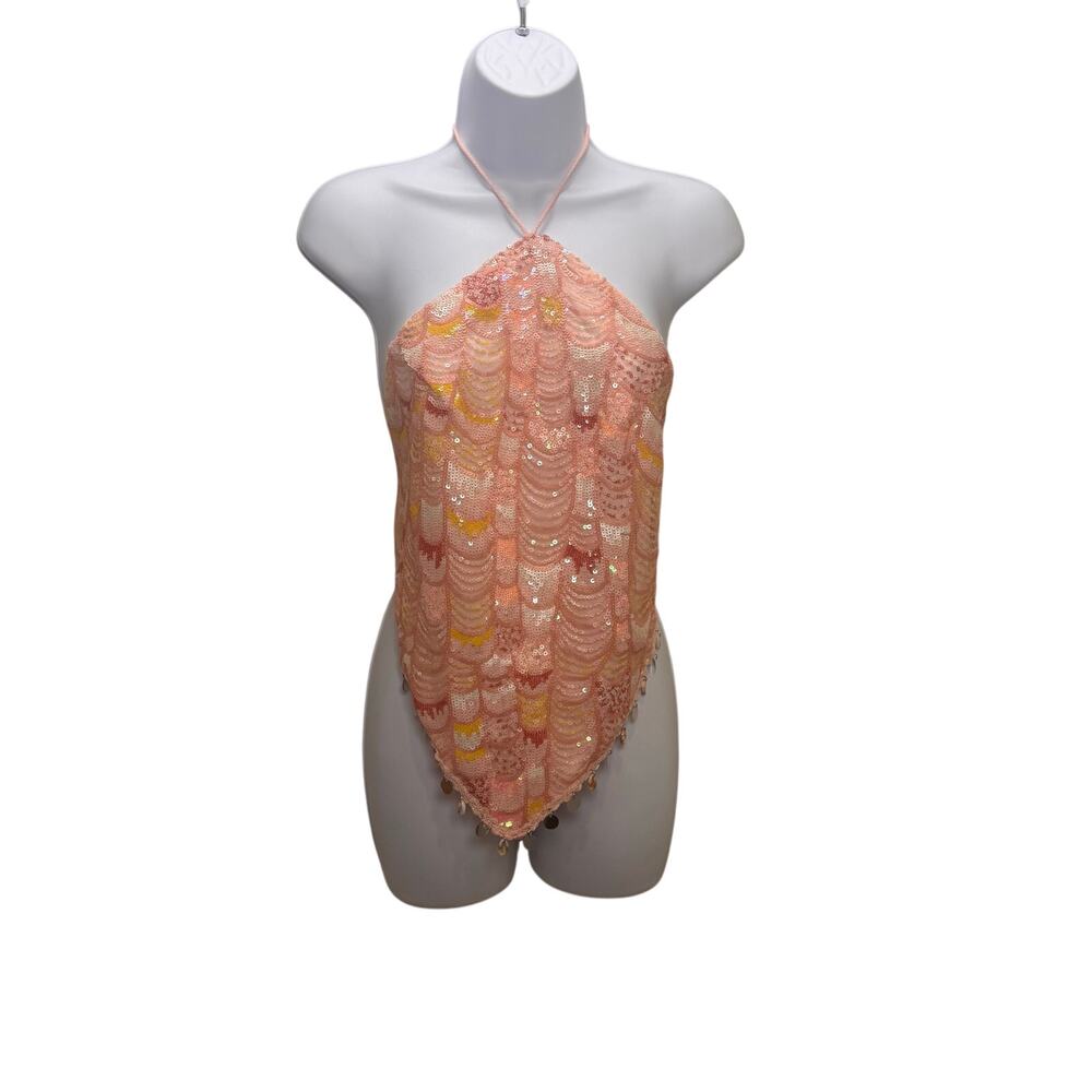 Pink Sequin Scallop Halter Handkerchief Top with Shell Bead Trim